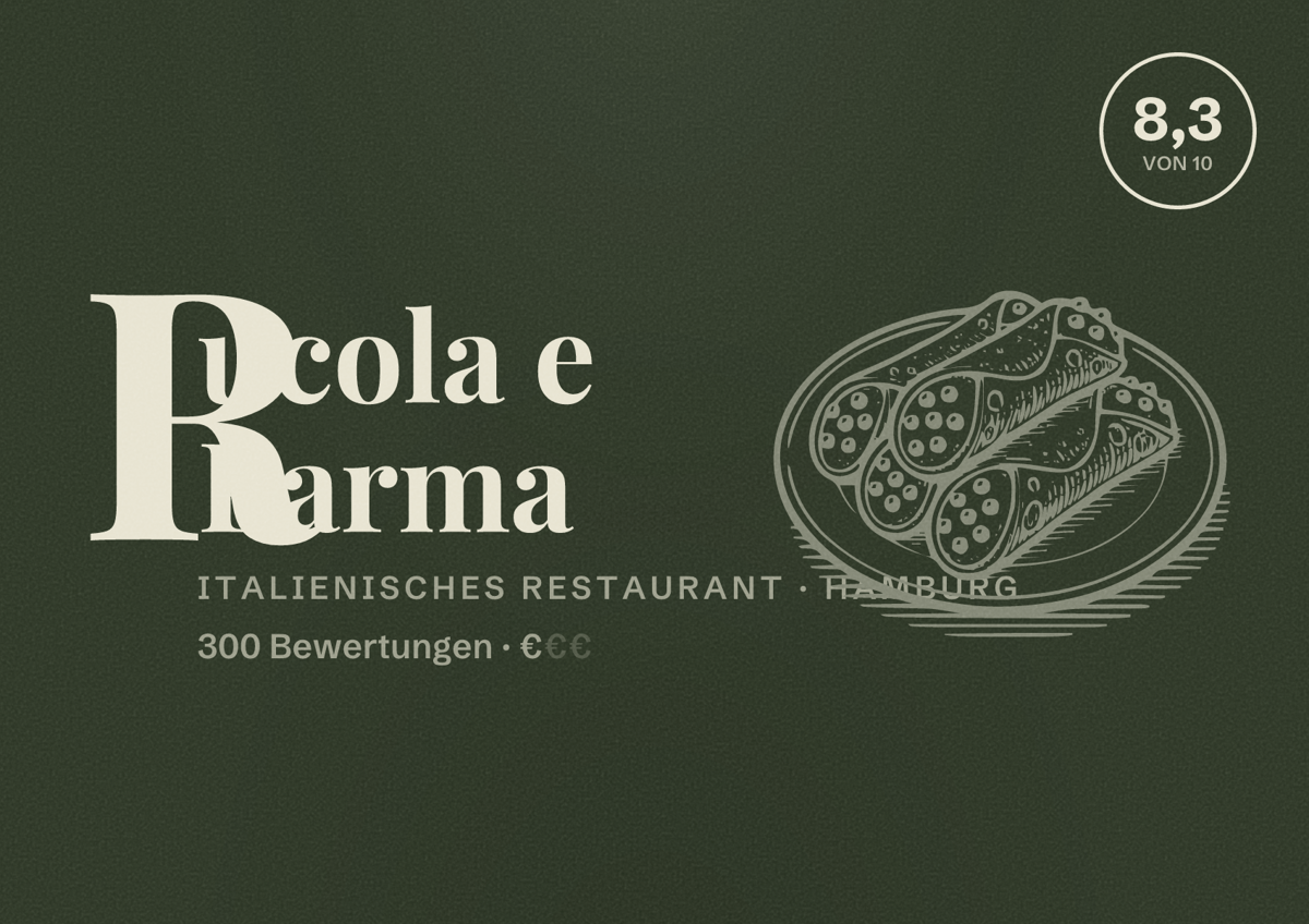 Illustriertes Poster von Rucola e Parma, Italienisches Restaurant in Hamburg: Bewertung 8,3 von 10 aus 300 Bewertungen, Preisniveau €