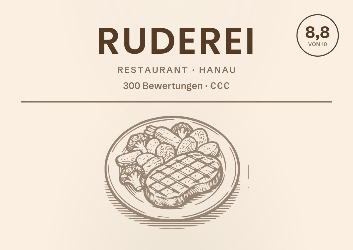 Illustriertes Poster von Ruderei, Restaurant in Hanau: Bewertung 8,8 von 10 aus 300 Bewertungen, Preisniveau €€€