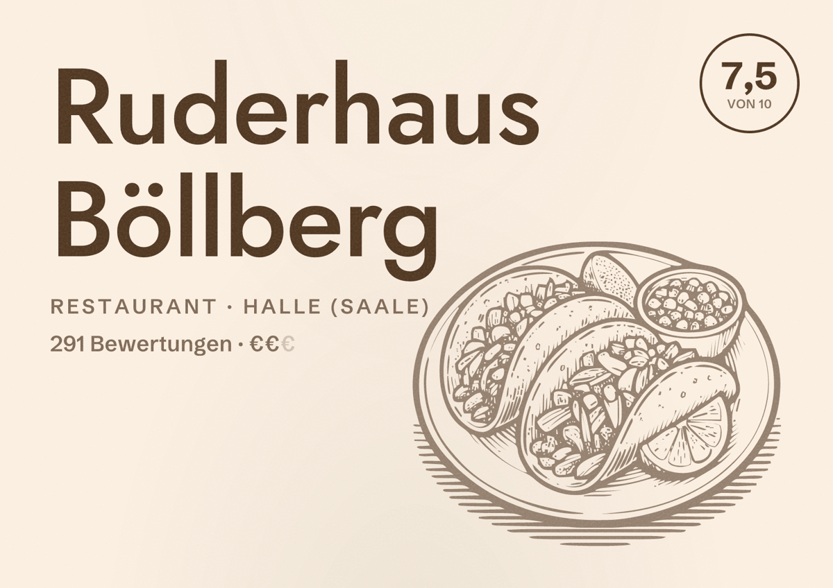 Illustriertes Poster von Ruderhaus Böllberg, Restaurant in Halle (Saale): Bewertung 7,5 von 10 aus 291 Bewertungen, Preisniveau €€