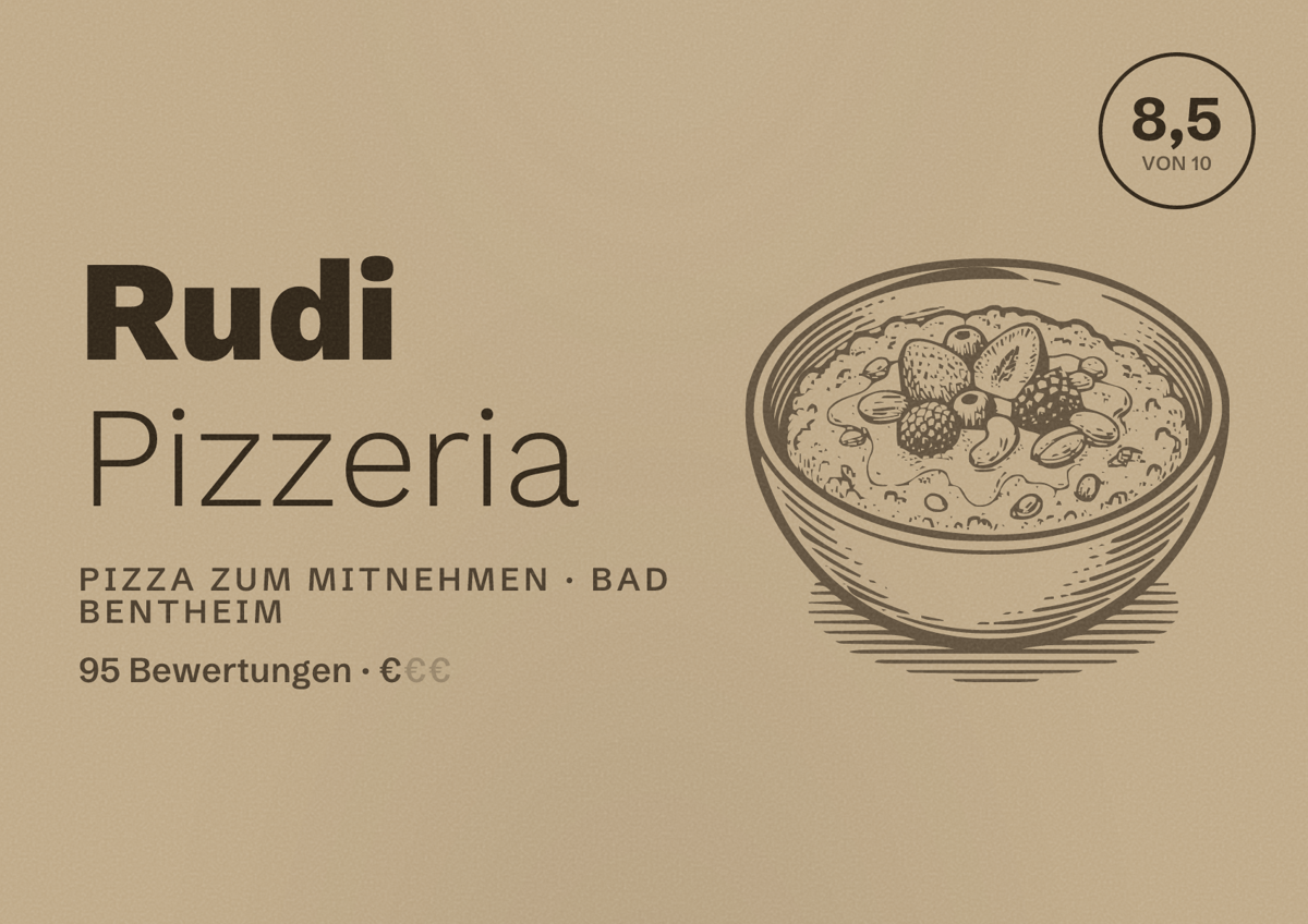 Illustriertes Poster von Rudi Pizzeria, Pizza zum Mitnehmen in Bad Bentheim: Bewertung 8,5 von 10 aus 95 Bewertungen, Preisniveau €
