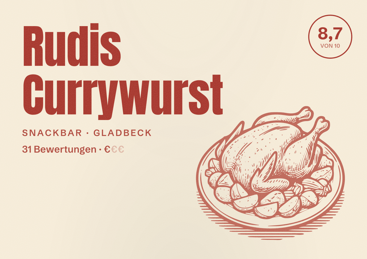 Illustriertes Poster von Rudis Currywurst, Snackbar in Gladbeck: Bewertung 8,7 von 10 aus 31 Bewertungen, Preisniveau €