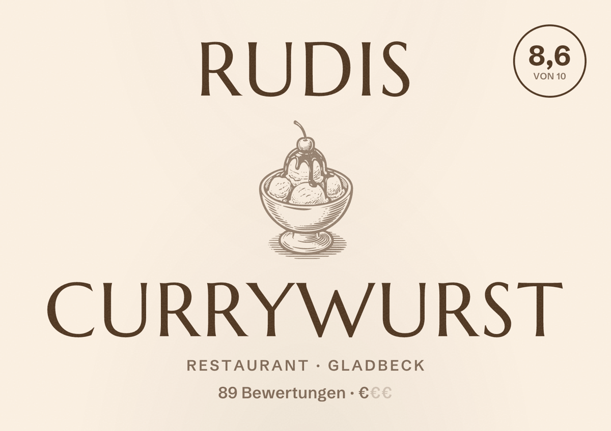 Illustriertes Poster von Rudis Currywurst, Restaurant in Gladbeck: Bewertung 8,6 von 10 aus 89 Bewertungen, Preisniveau €