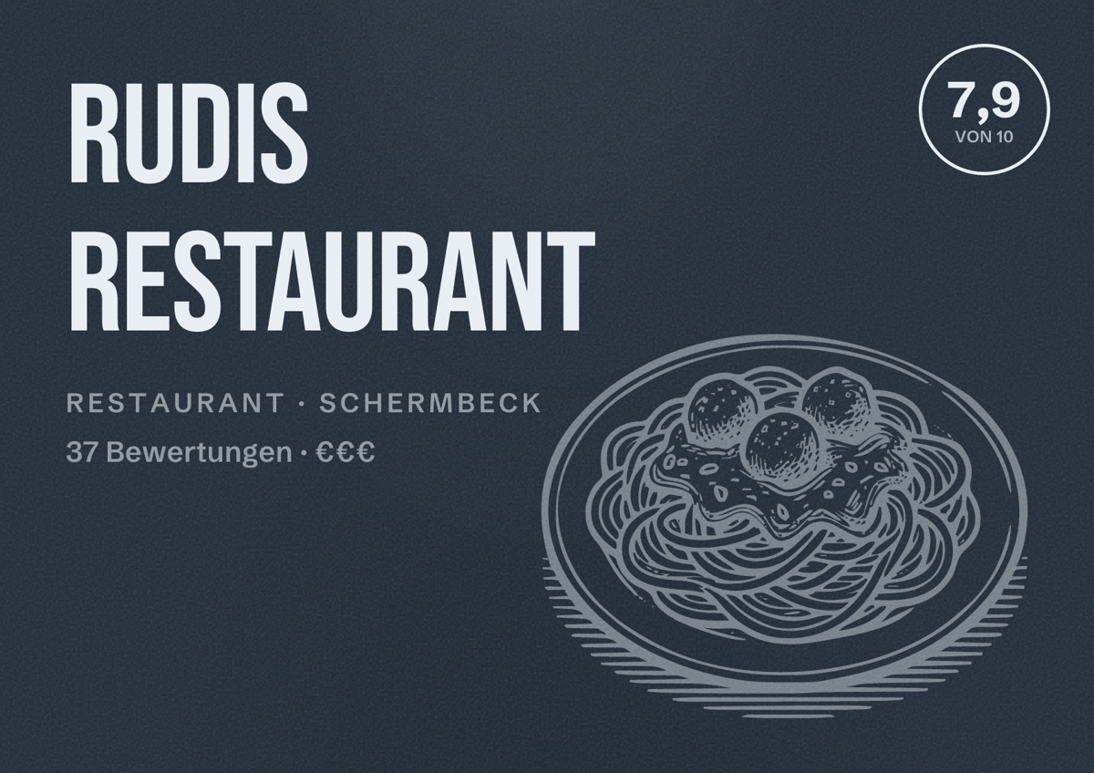 Illustriertes Poster von Rudis Restaurant, Restaurant in Schermbeck: Bewertung 7,9 von 10 aus 37 Bewertungen, Preisniveau €€€