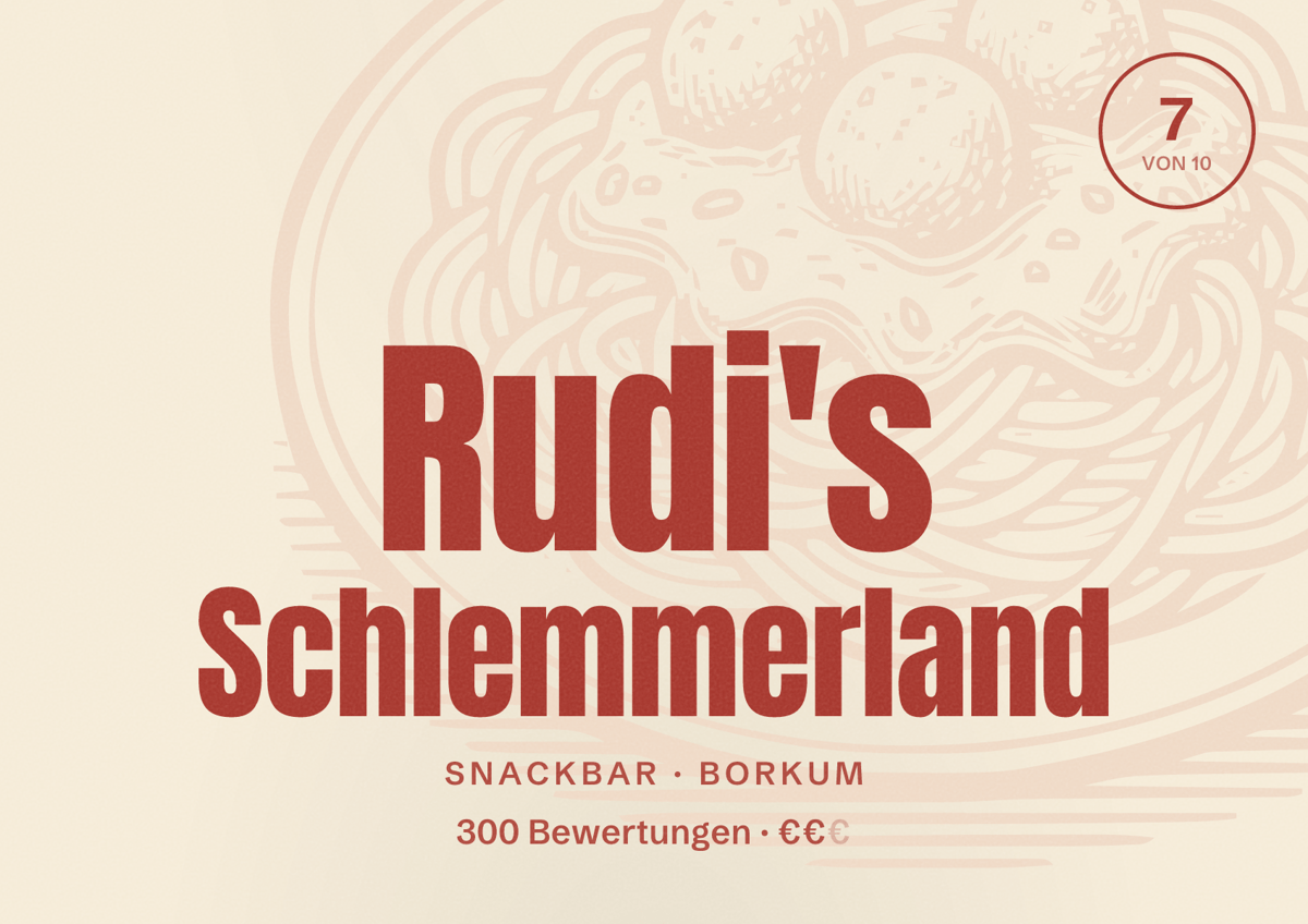 Illustriertes Poster von Rudi's Schlemmerland, Snackbar in Borkum: Bewertung 7 von 10 aus 300 Bewertungen, Preisniveau €€