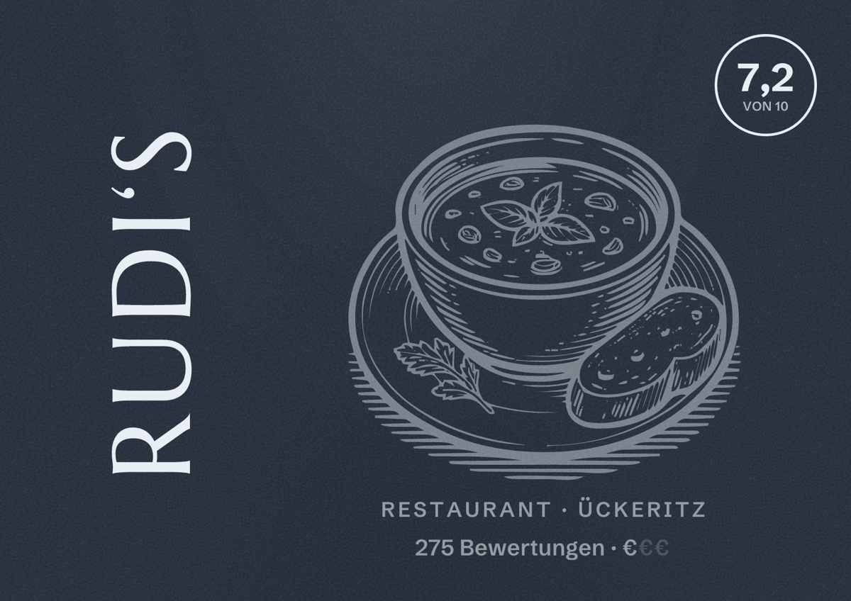Illustriertes Poster von Rudi‘s, Restaurant in Ückeritz: Bewertung 7,2 von 10 aus 275 Bewertungen, Preisniveau €