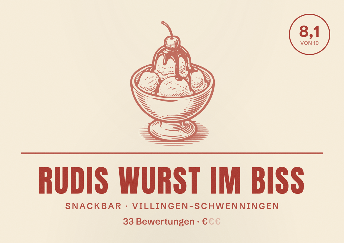Illustriertes Poster von Rudis Wurst Im Biss, Snackbar in Villingen-Schwenningen: Bewertung 8,1 von 10 aus 33 Bewertungen, Preisniveau €