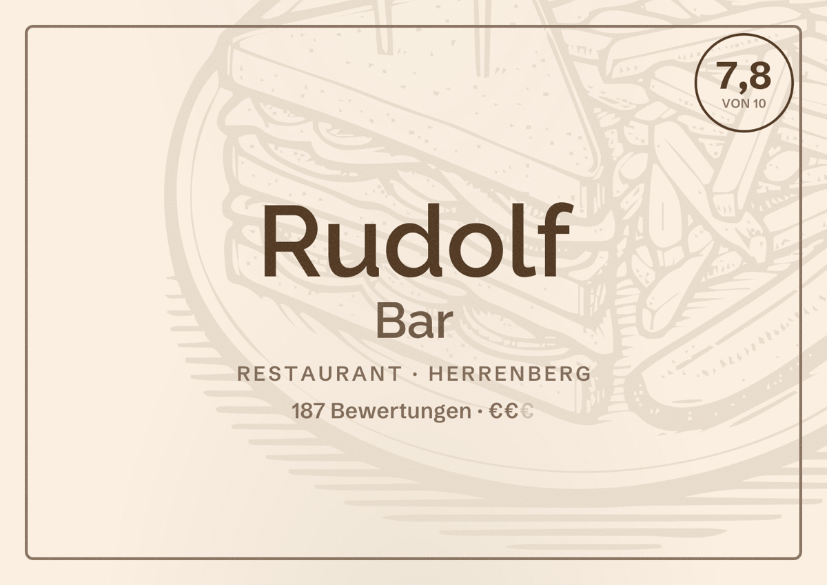 Illustriertes Poster von Rudolf Bar, Restaurant in Herrenberg: Bewertung 7,8 von 10 aus 187 Bewertungen, Preisniveau €€