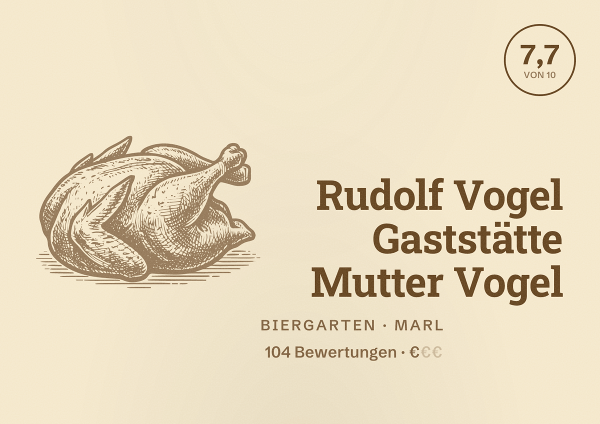 Illustriertes Poster von Rudolf Vogel Gaststätte Mutter Vogel, Biergarten in Marl: Bewertung 7,7 von 10 aus 104 Bewertungen, Preisniveau €