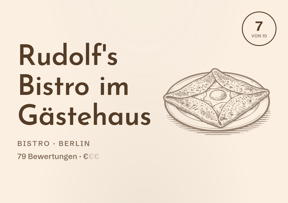 Illustriertes Poster von Rudolf's Bistro im Gästehaus, Bistro in Berlin: Bewertung 7,0 von 10 aus 79 Bewertungen, Preisniveau €
