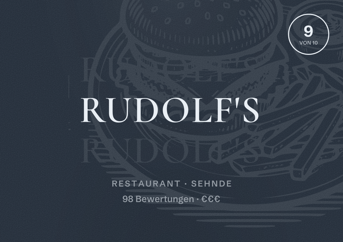 Illustriertes Poster von Rudolf's, Restaurant in Sehnde: Bewertung 9 von 10 aus 98 Bewertungen, Preisniveau €€€
