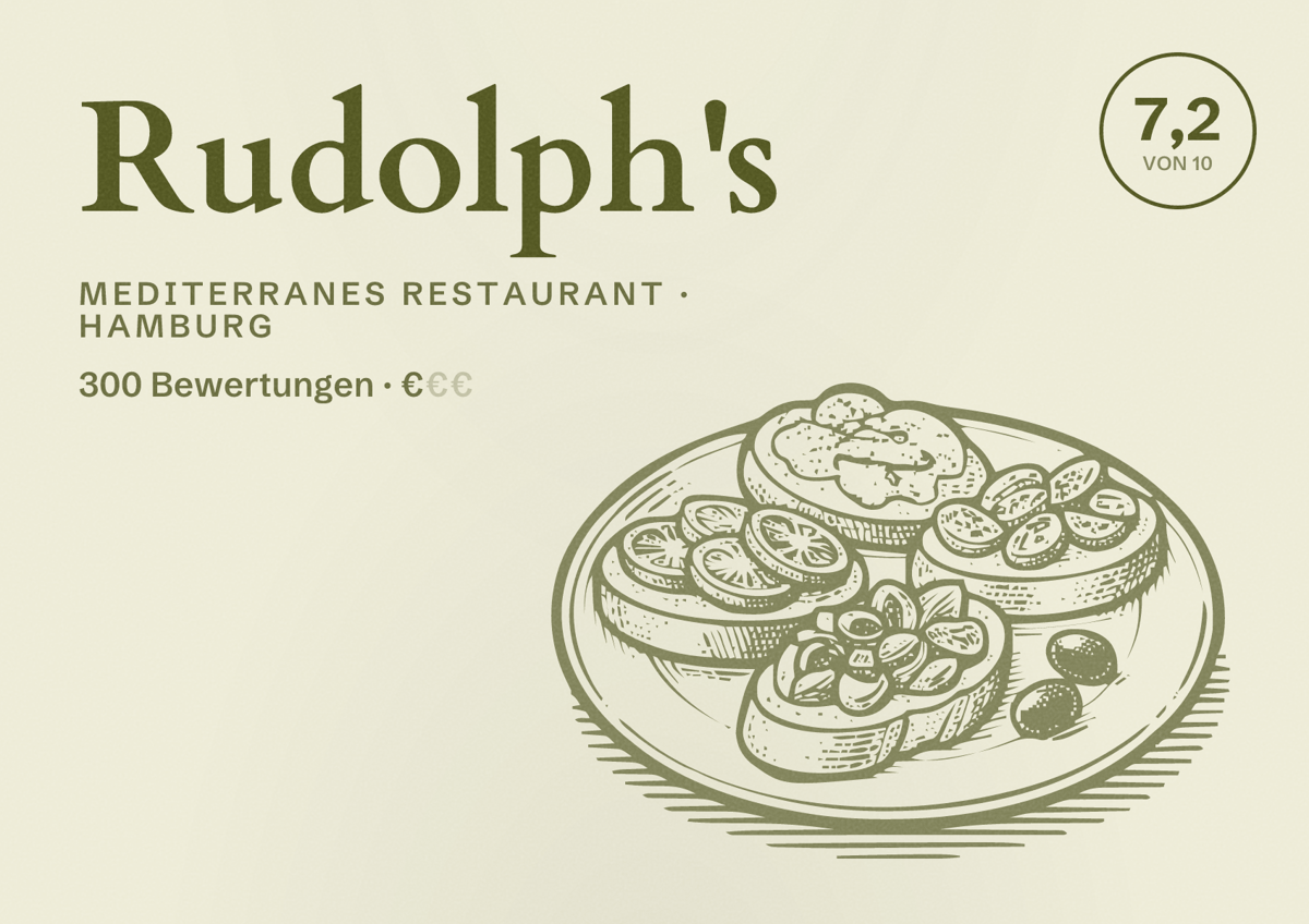 Illustriertes Poster von Rudolph's, Mediterranes Restaurant in Hamburg: Bewertung 7,2 von 10 aus 300 Bewertungen, Preisniveau €