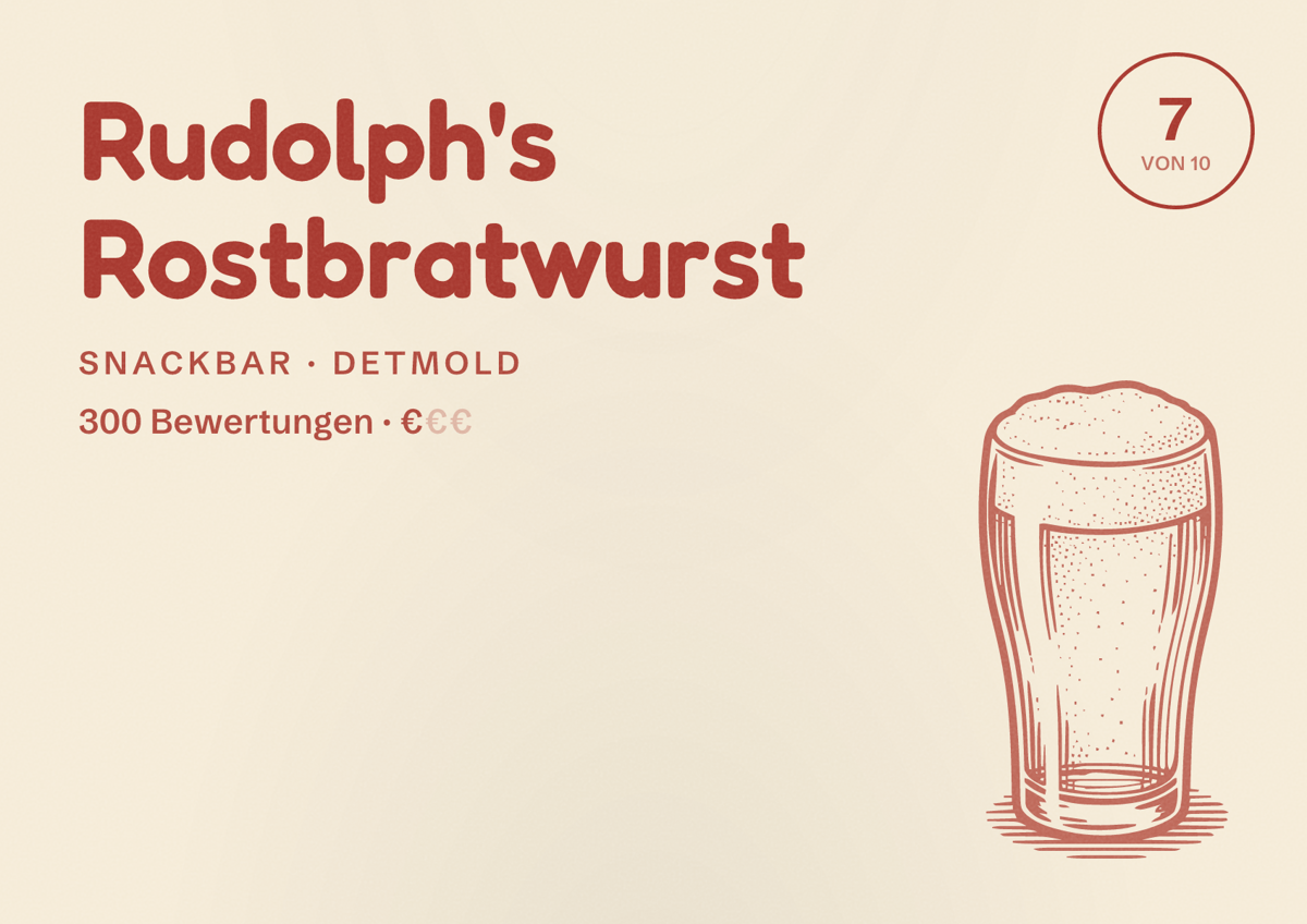 Illustriertes Poster von Rudolph's Rostbratwurst, Snackbar in Detmold: Bewertung 7 von 10 aus 300 Bewertungen, Preisniveau €