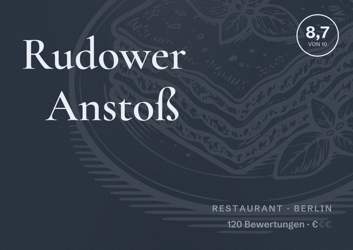 Illustriertes Poster von Rudower Anstoß, Restaurant in Berlin: Bewertung 8,7 von 10 aus 120 Bewertungen, Preisniveau €