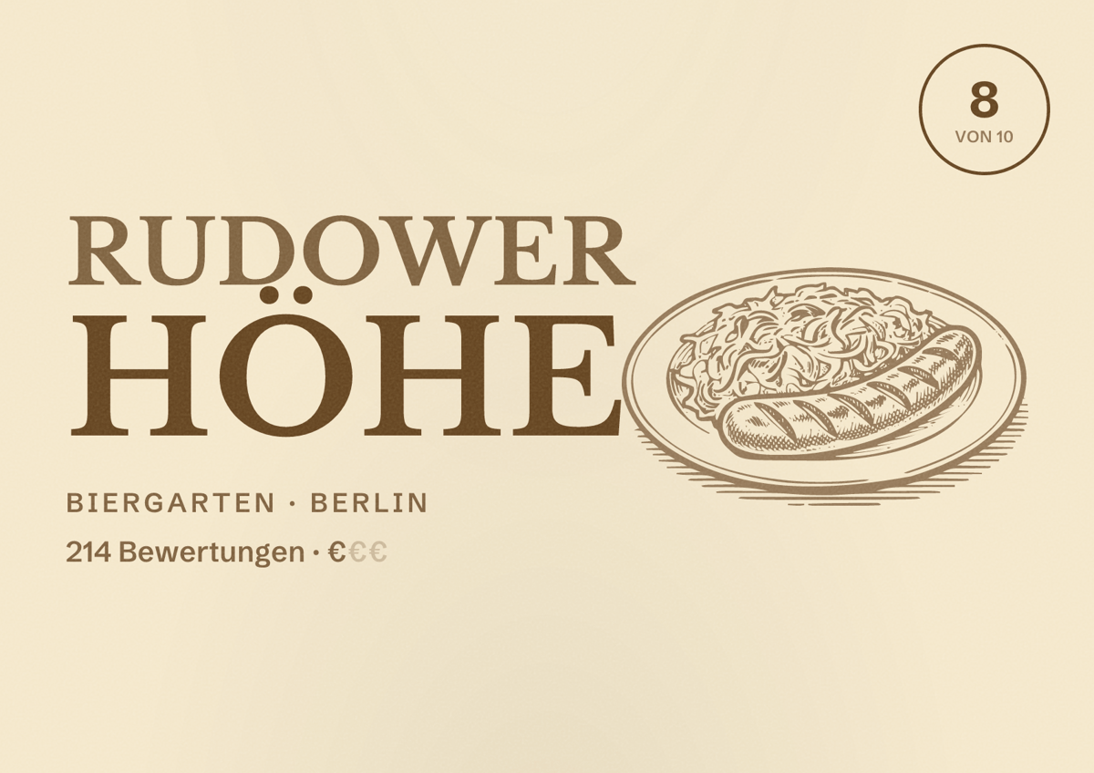 Illustriertes Poster von Rudower Höhe, Biergarten in Berlin: Bewertung 8,0 von 10 aus 214 Bewertungen, Preisniveau €