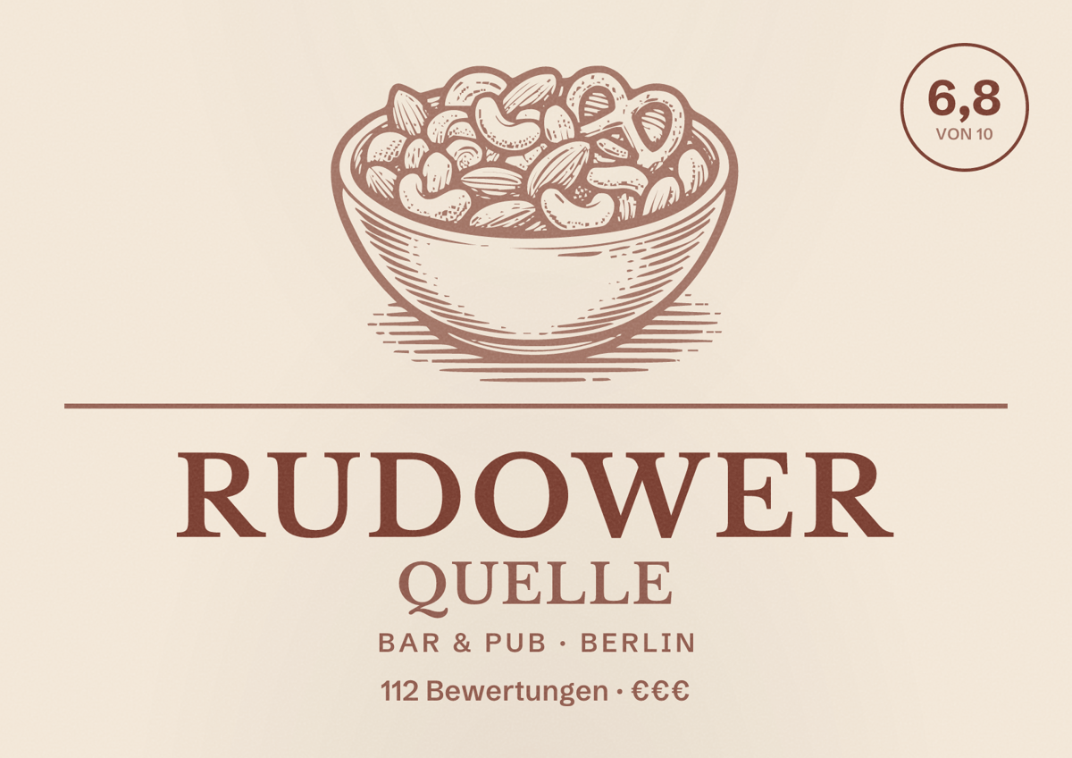 Illustriertes Poster von Rudower Quelle, Bar & Pub in Berlin: Bewertung 6,8 von 10 aus 112 Bewertungen, Preisniveau €€€