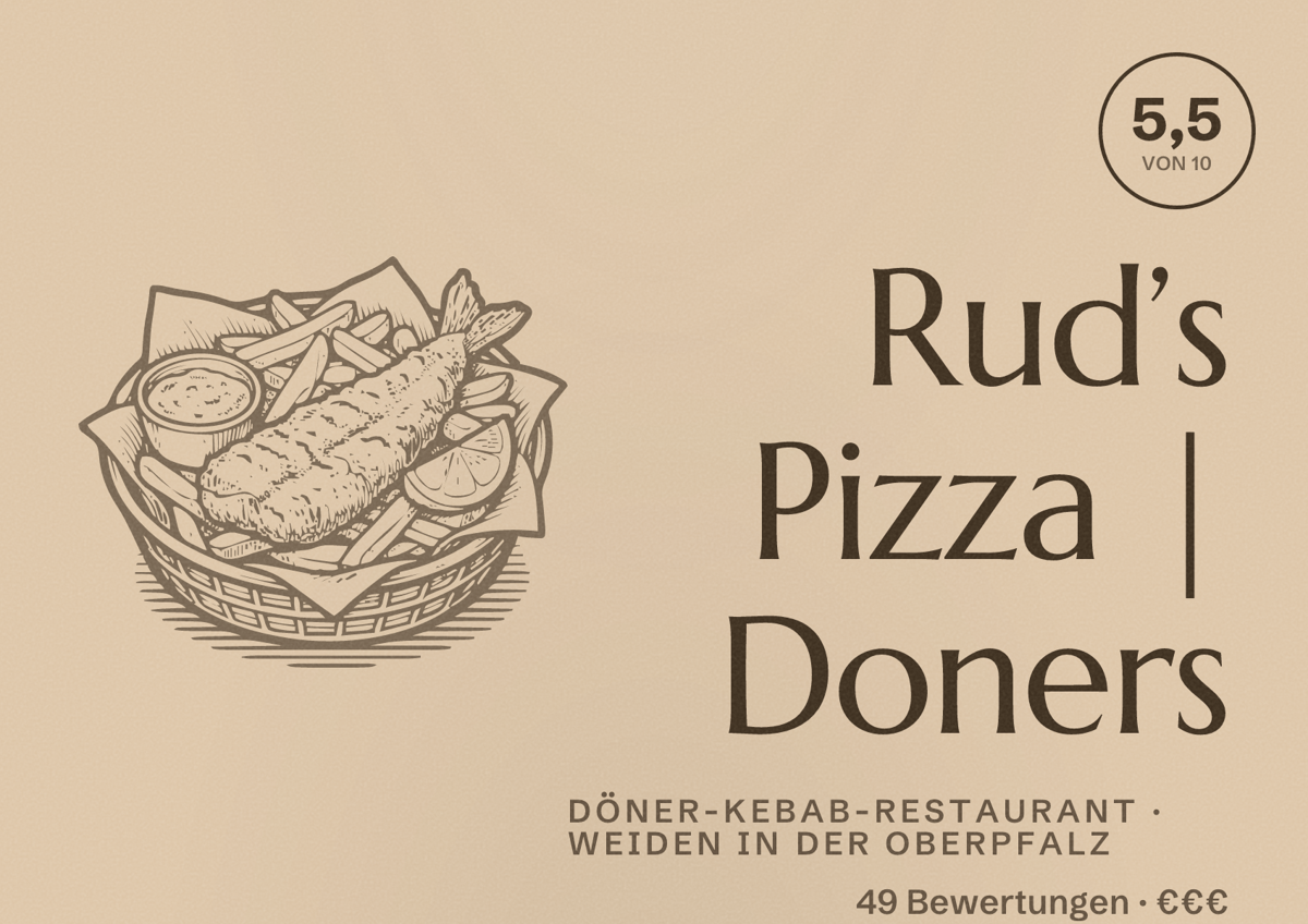 Illustriertes Poster von Rud’s Pizza | Doners, Döner-Kebab-Restaurant in Weiden in der Oberpfalz: Bewertung 5,5 von 10 aus 49 Bewertungen, Preisniveau €€€