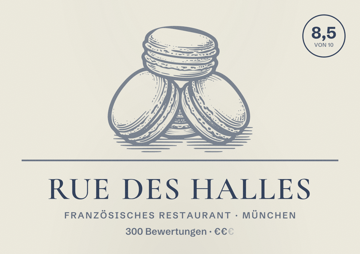 Illustriertes Poster von Rue des Halles, Französisches Restaurant in München: Bewertung 8,5 von 10 aus 300 Bewertungen, Preisniveau €€