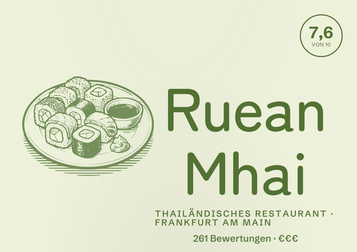 Illustriertes Poster von Ruean Mhai, Thailändisches Restaurant in Frankfurt am Main: Bewertung 7,6 von 10 aus 261 Bewertungen, Preisniveau €€€