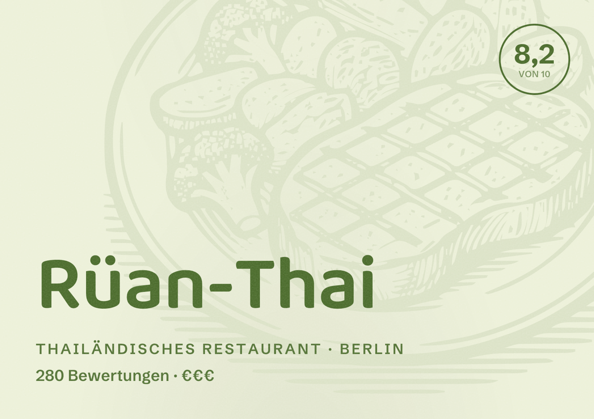 Illustriertes Poster von Rüan-Thai, Thailändisches Restaurant in Berlin: Bewertung 8,2 von 10 aus 280 Bewertungen, Preisniveau €€€