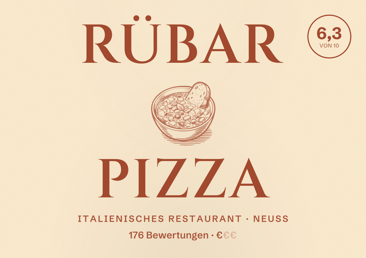 Illustriertes Poster von Rübar Pizza, Italienisches Restaurant in Neuss: Bewertung 6,3 von 10 aus 176 Bewertungen, Preisniveau €