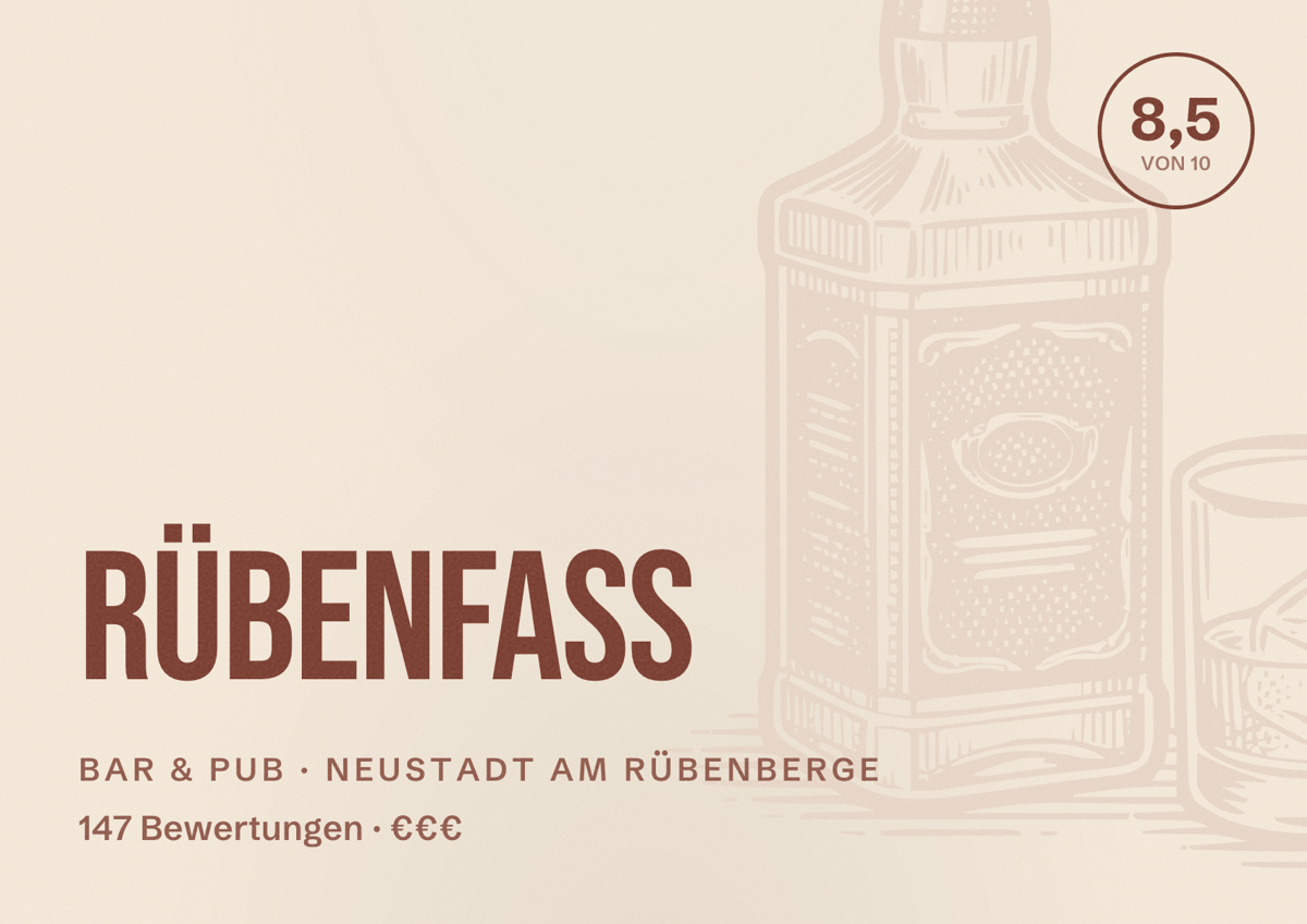 Illustriertes Poster von Rübenfass, Bar & Pub in Neustadt am Rübenberge: Bewertung 8,5 von 10 aus 147 Bewertungen, Preisniveau €€€