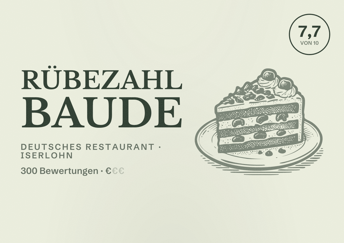 Illustriertes Poster von Rübezahl Baude, Deutsches Restaurant in Iserlohn: Bewertung 7,7 von 10 aus 300 Bewertungen, Preisniveau €