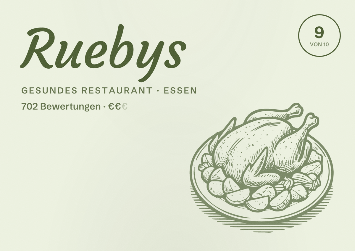 Illustriertes Poster von Ruebys, Gesundes Restaurant in Essen: Bewertung 9 von 10 aus 702 Bewertungen, Preisniveau €€