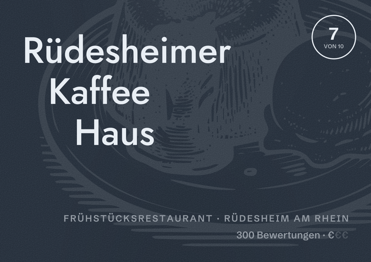 Illustriertes Poster von Rüdesheimer Kaffee Haus, Frühstücksrestaurant in Rüdesheim am Rhein: Bewertung 7 von 10 aus 300 Bewertungen, Preisniveau €