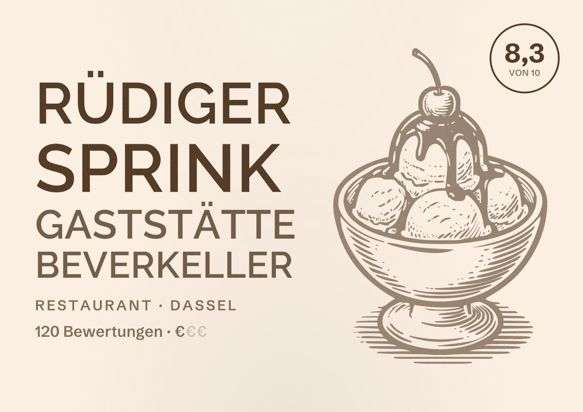 Illustriertes Poster von Rüdiger Sprink Gaststätte Beverkeller, Restaurant in Dassel: Bewertung 8,3 von 10 aus 120 Bewertungen, Preisniveau €