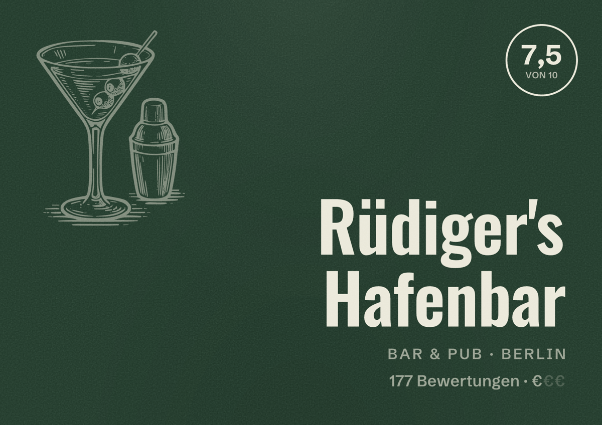 Illustriertes Poster von Rüdiger's Hafenbar, Bar & Pub in Berlin: Bewertung 7,5 von 10 aus 177 Bewertungen, Preisniveau €