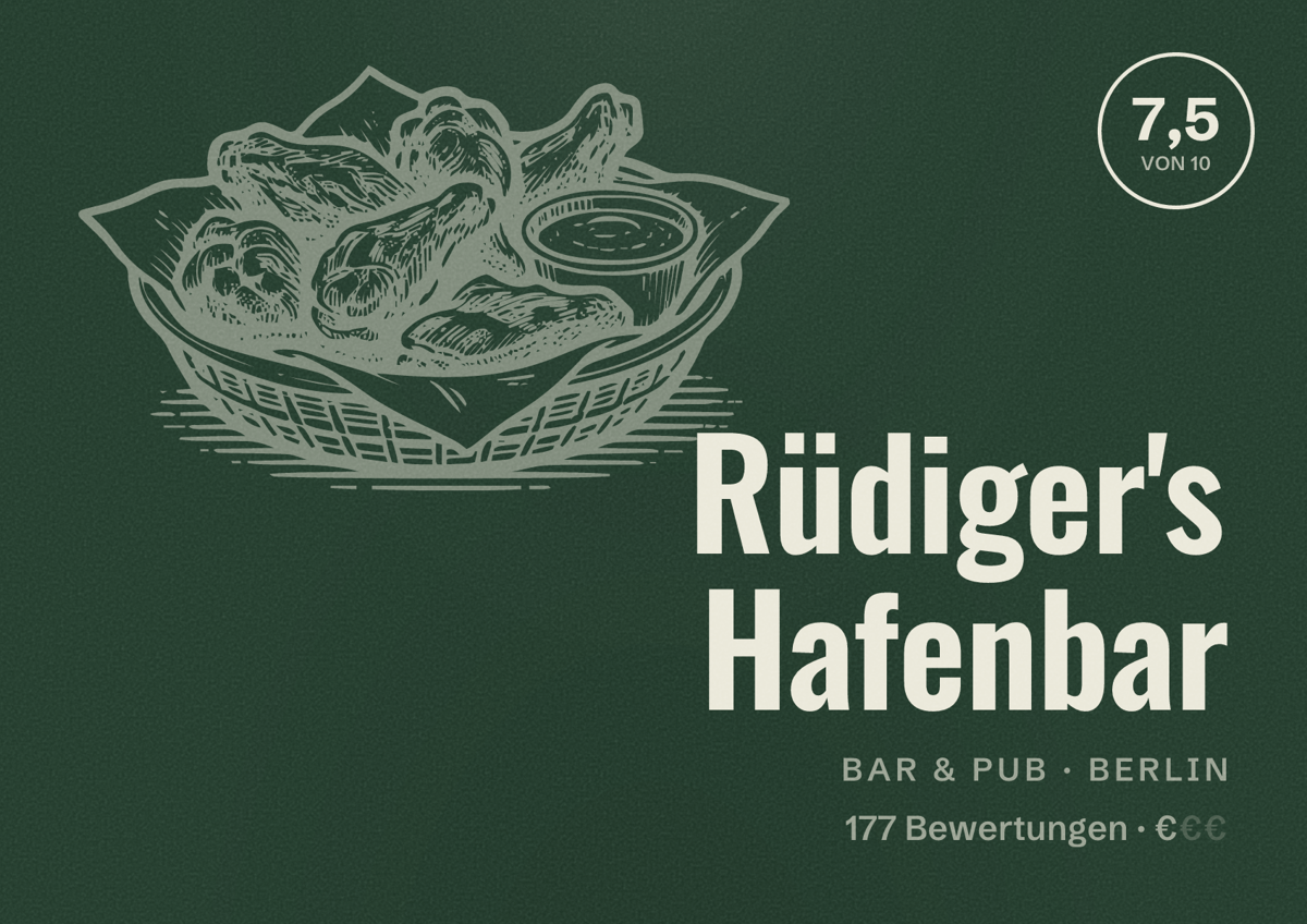 Illustriertes Poster von Rüdiger's Hafenbar, Bar & Pub in Berlin: Bewertung 7,5 von 10 aus 177 Bewertungen, Preisniveau €