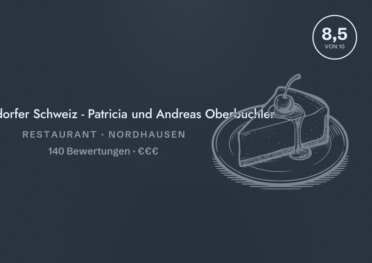 Illustriertes Poster von Rüdigsdorfer Schweiz - Patricia und Andreas Oberbüchler, Restaurant in Nordhausen: Bewertung 8,5 von 10 aus 140 Bewertungen, Preisniveau €€€