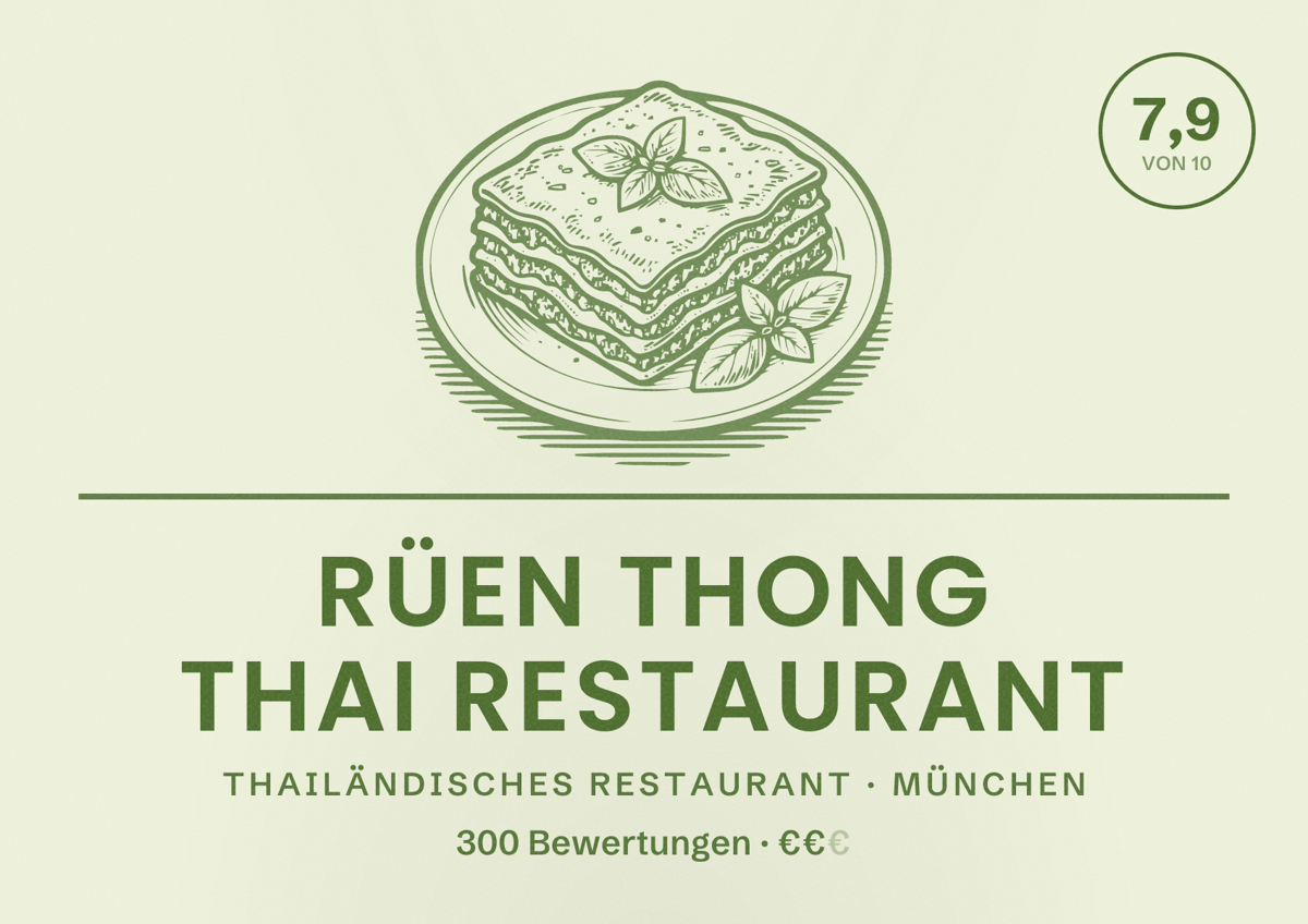 Illustriertes Poster von Rüen Thong Thai Restaurant, Thailändisches Restaurant in München: Bewertung 7,9 von 10 aus 300 Bewertungen, Preisniveau €€