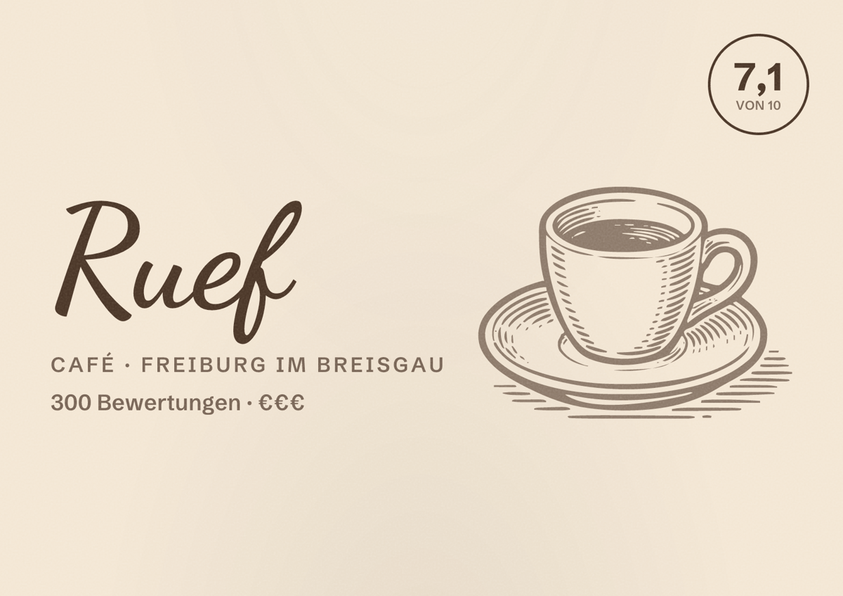Illustriertes Poster von Ruef, Café in Freiburg im Breisgau: Bewertung 7,1 von 10 aus 300 Bewertungen, Preisniveau €€€