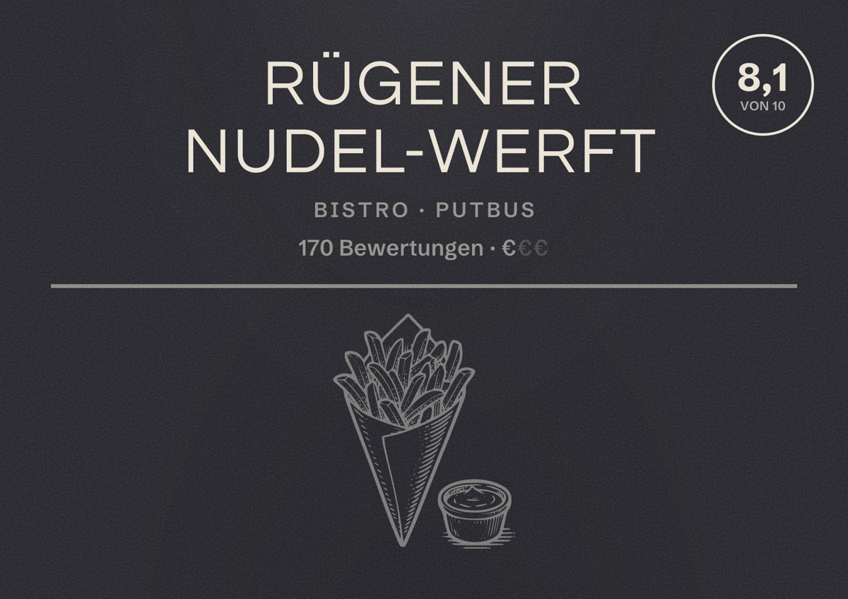 Illustriertes Poster von Rügener Nudel-Werft, Bistro in Putbus: Bewertung 8,1 von 10 aus 170 Bewertungen, Preisniveau €