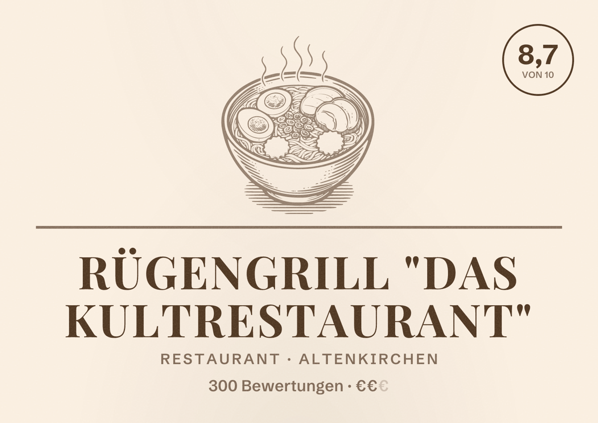 Illustriertes Poster von Rügengrill "Das Kultrestaurant", Restaurant in Altenkirchen: Bewertung 8,7 von 10 aus 300 Bewertungen, Preisniveau €€