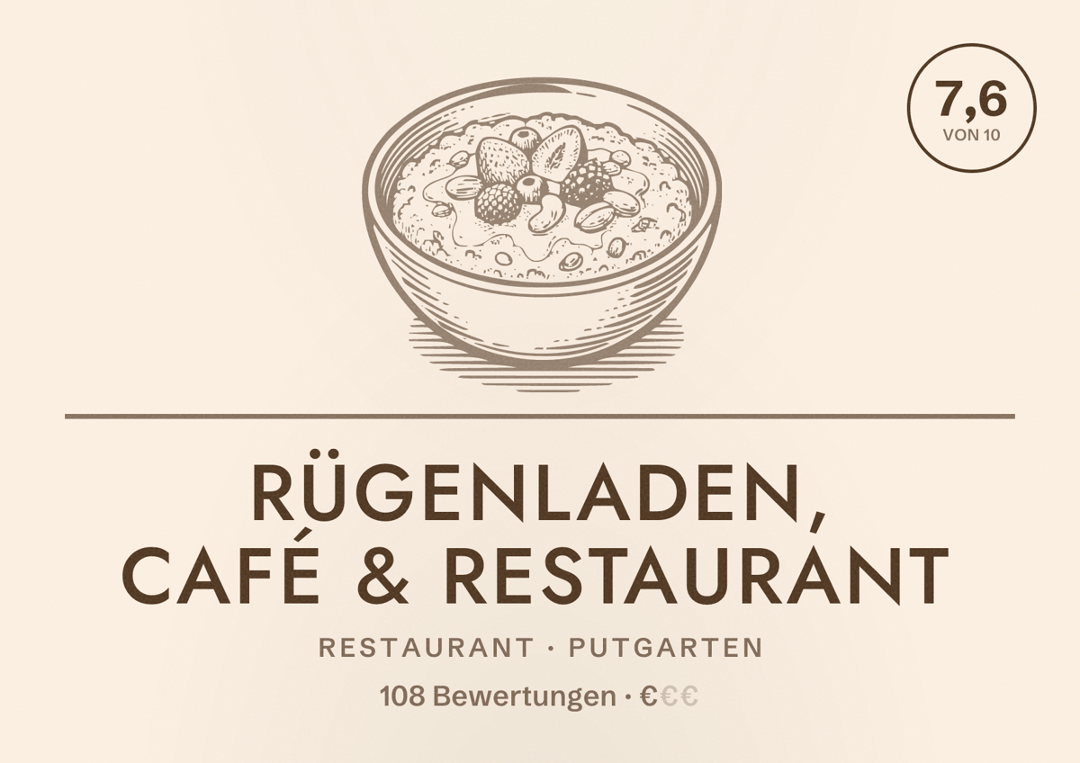 Illustriertes Poster von Rügenladen, Café & Restaurant, Restaurant in Putgarten: Bewertung 7,6 von 10 aus 108 Bewertungen, Preisniveau €
