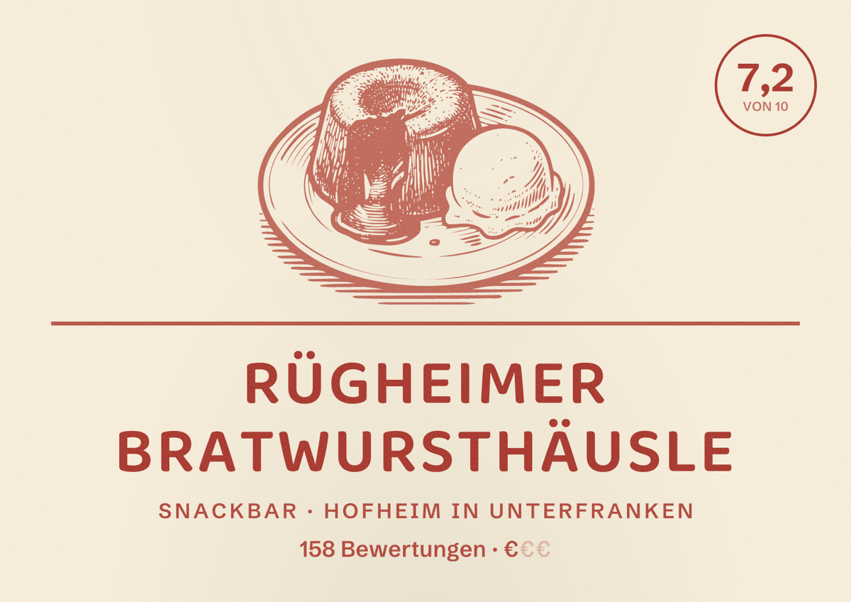 Illustriertes Poster von Rügheimer Bratwursthäusle, Snackbar in Hofheim in Unterfranken: Bewertung 7,2 von 10 aus 158 Bewertungen, Preisniveau €