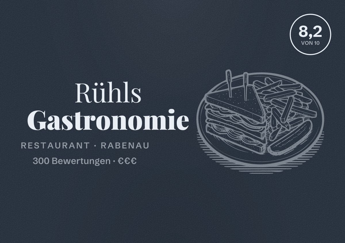 Illustriertes Poster von Rühls Gastronomie, Restaurant in Rabenau: Bewertung 8,2 von 10 aus 300 Bewertungen, Preisniveau €€€