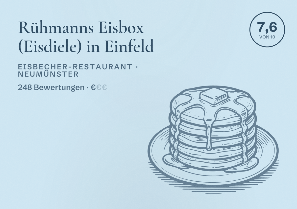 Illustriertes Poster von Rühmanns Eisbox (Eisdiele) in Einfeld, Eisbecher-Restaurant in Neumünster: Bewertung 7,6 von 10 aus 248 Bewertungen, Preisniveau €