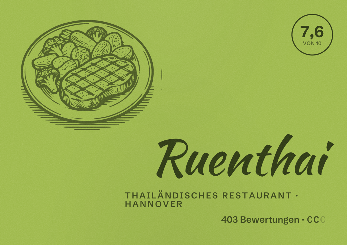 Illustriertes Poster von Ruenthai, Thailändisches Restaurant in Hannover: Bewertung 7,6 von 10 aus 403 Bewertungen, Preisniveau €€