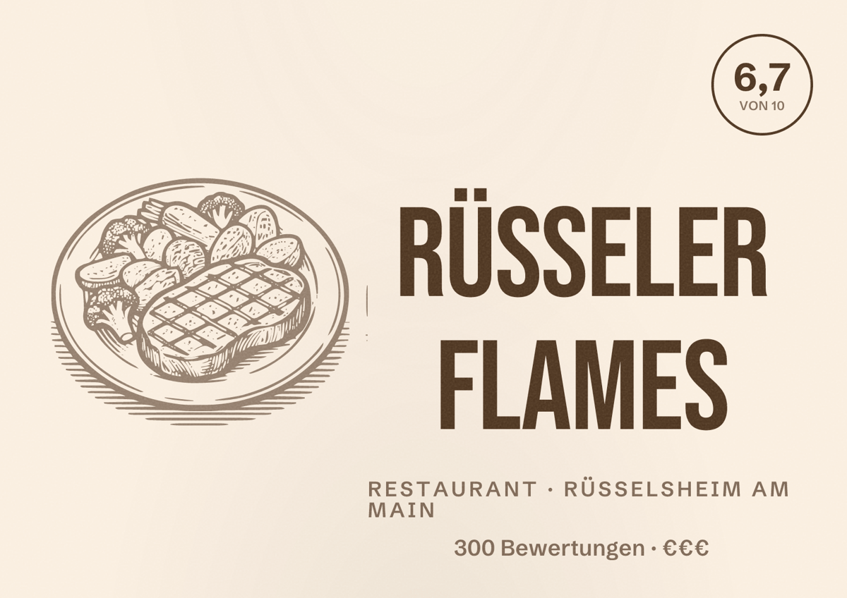 Illustriertes Poster von Rüsseler Flames, Restaurant in Rüsselsheim am Main: Bewertung 6,7 von 10 aus 300 Bewertungen, Preisniveau €€€