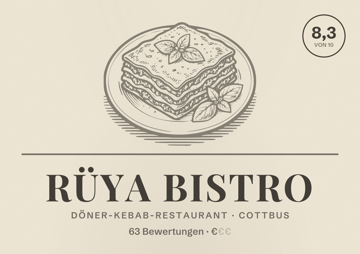 Illustriertes Poster von Rüya Bistro, Döner-Kebab-Restaurant in Cottbus: Bewertung 8,3 von 10 aus 63 Bewertungen, Preisniveau €