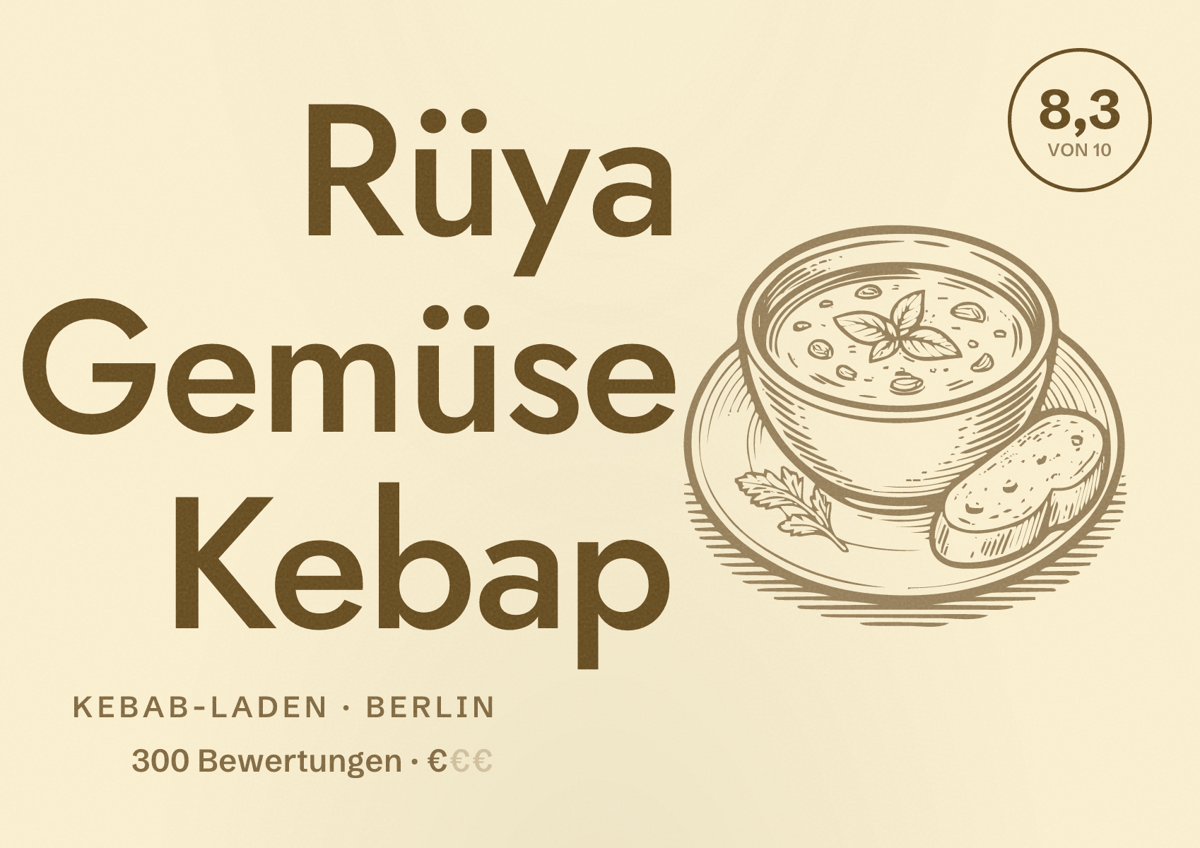 Illustriertes Poster von Rüya Gemüse Kebap, Kebab-Laden in Berlin: Bewertung 8,3 von 10 aus 300 Bewertungen, Preisniveau €