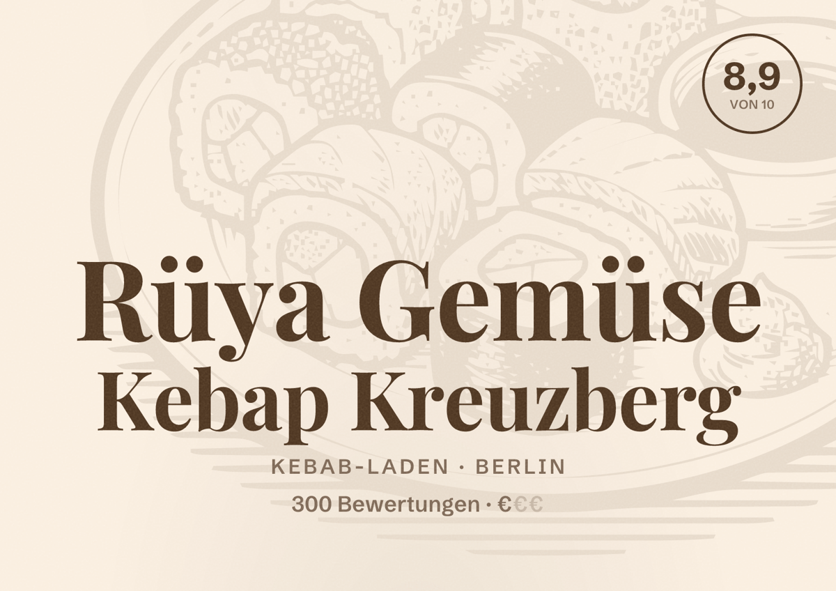 Illustriertes Poster von Rüya Gemüse Kebap Kreuzberg, Kebab-Laden in Berlin: Bewertung 8,9 von 10 aus 300 Bewertungen, Preisniveau €