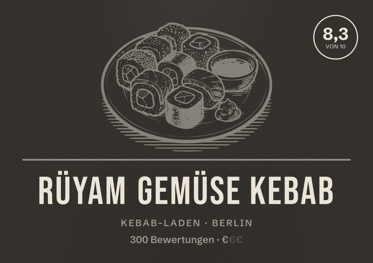 Illustriertes Poster von Rüyam Gemüse Kebab, Kebab-Laden in Berlin: Bewertung 8,3 von 10 aus 300 Bewertungen, Preisniveau €