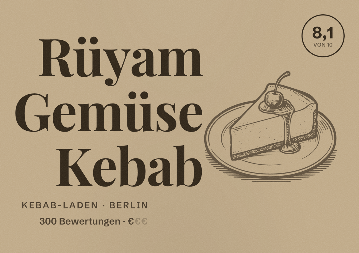 Illustriertes Poster von Rüyam Gemüse Kebab, Kebab-Laden in Berlin: Bewertung 8,1 von 10 aus 300 Bewertungen, Preisniveau €