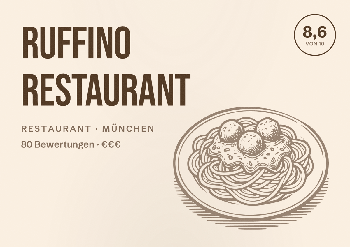 Illustriertes Poster von Ruffino Restaurant, Restaurant in München: Bewertung 8,6 von 10 aus 80 Bewertungen, Preisniveau €€€