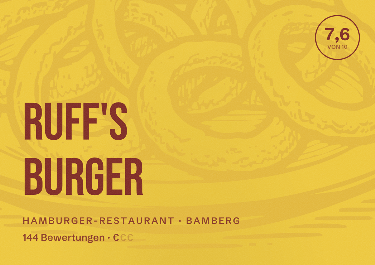 Illustriertes Poster von Ruff's Burger, Hamburger-Restaurant in Bamberg: Bewertung 7,6 von 10 aus 144 Bewertungen, Preisniveau €
