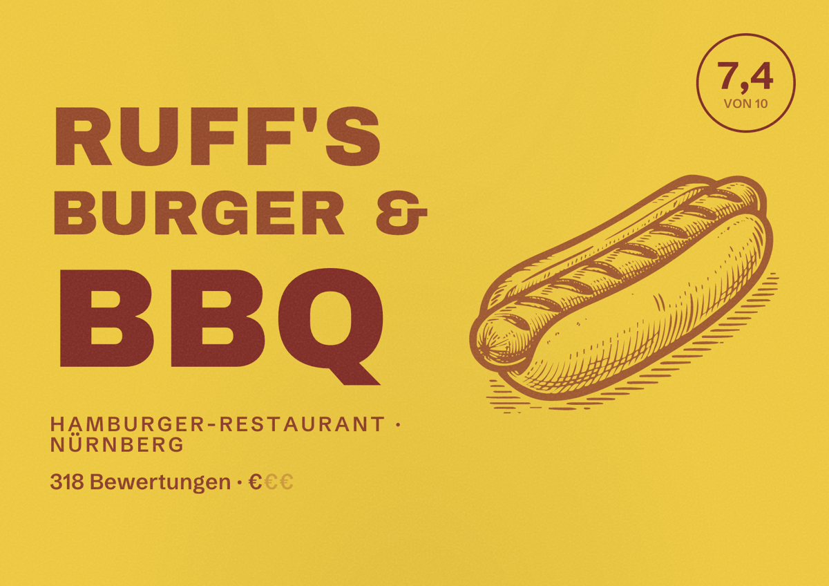 Illustriertes Poster von Ruff's Burger & BBQ, Hamburger-Restaurant in Nürnberg: Bewertung 7,4 von 10 aus 318 Bewertungen, Preisniveau €
